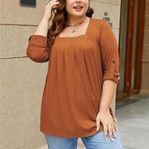 Plus Size Top Square Neck Roll Up 3/4 Sleeve Pleated Tunic NWOT XL